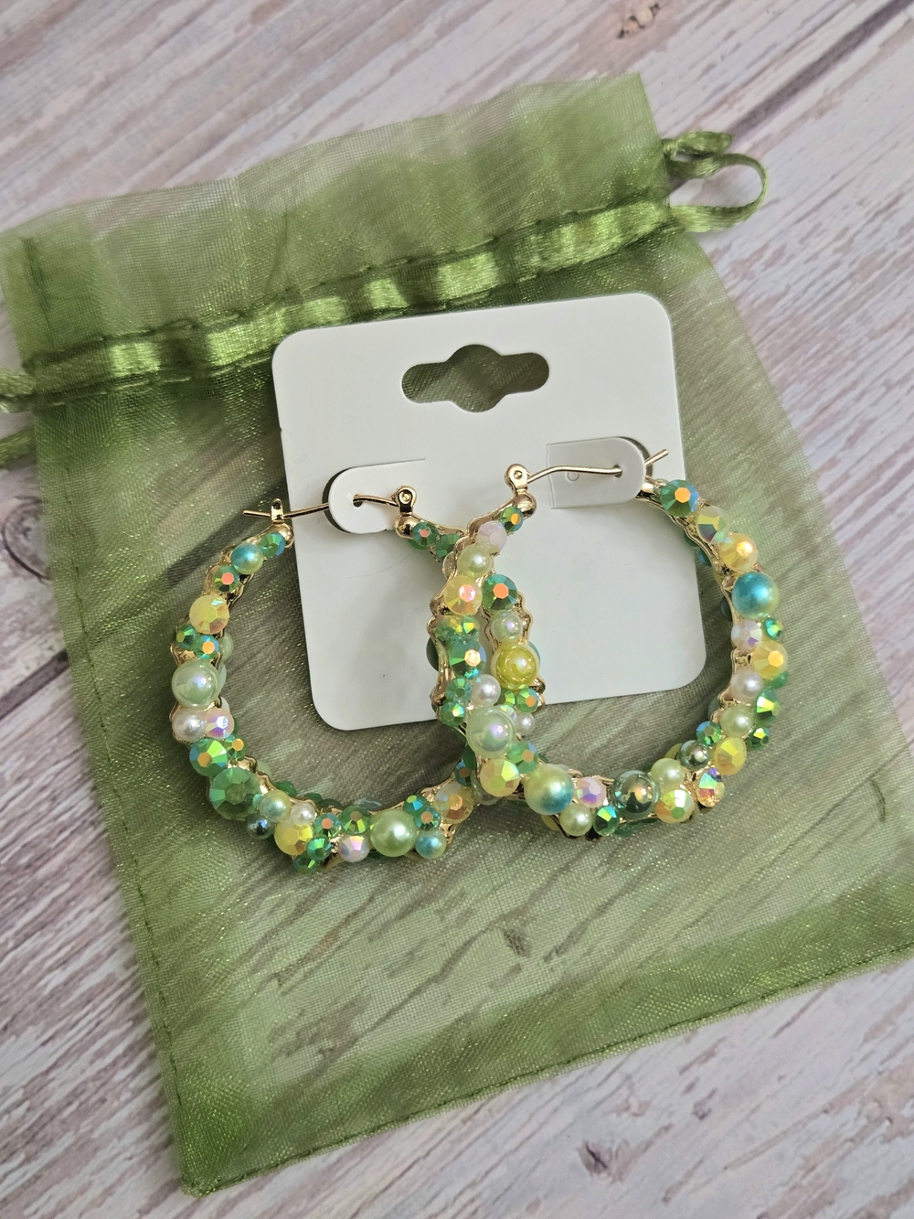 Gold Hoop Earrings with Green Iridescent Beads